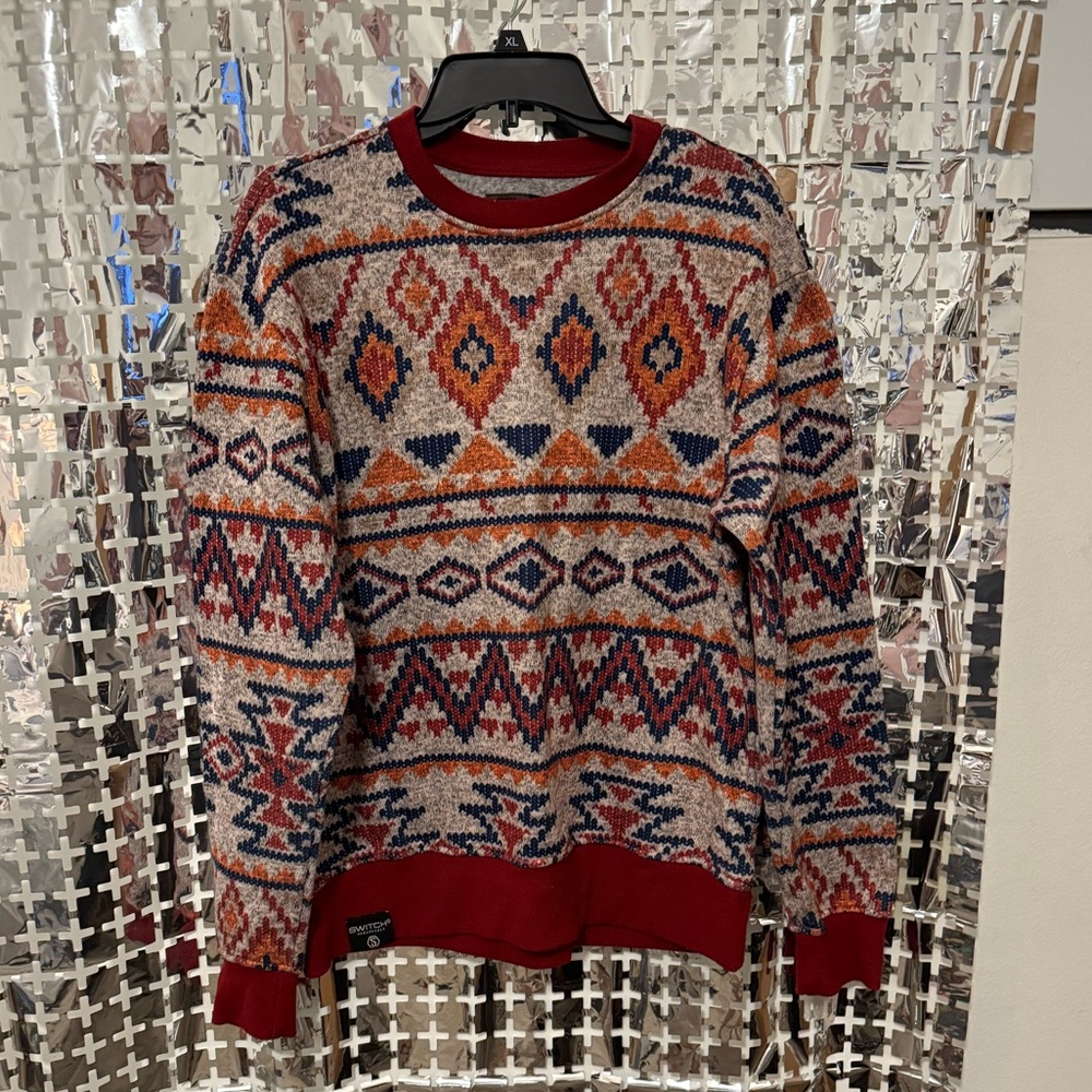 Aztec Pattern Crewneck Sweater - Red and Blue